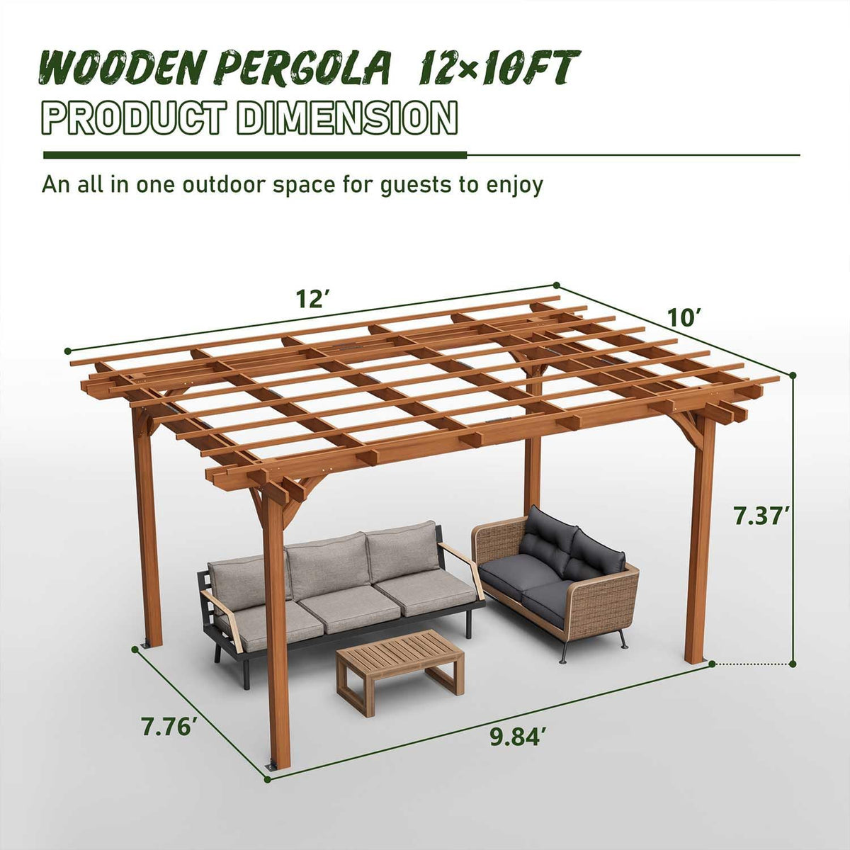 12x10 FT Wood Patio Pergola
